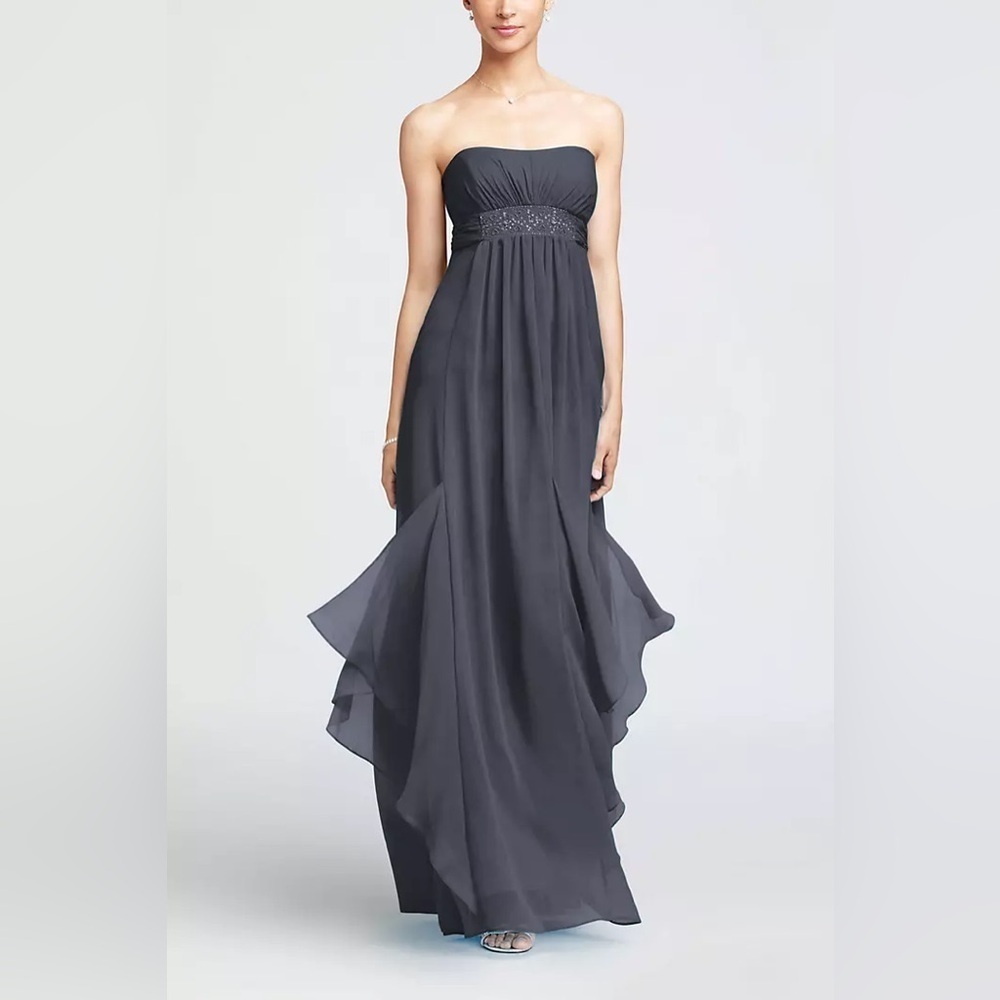 David’s Bridal Strapless Crinkle Chiffon Dress Godets, Style#F14865-ButterYellow